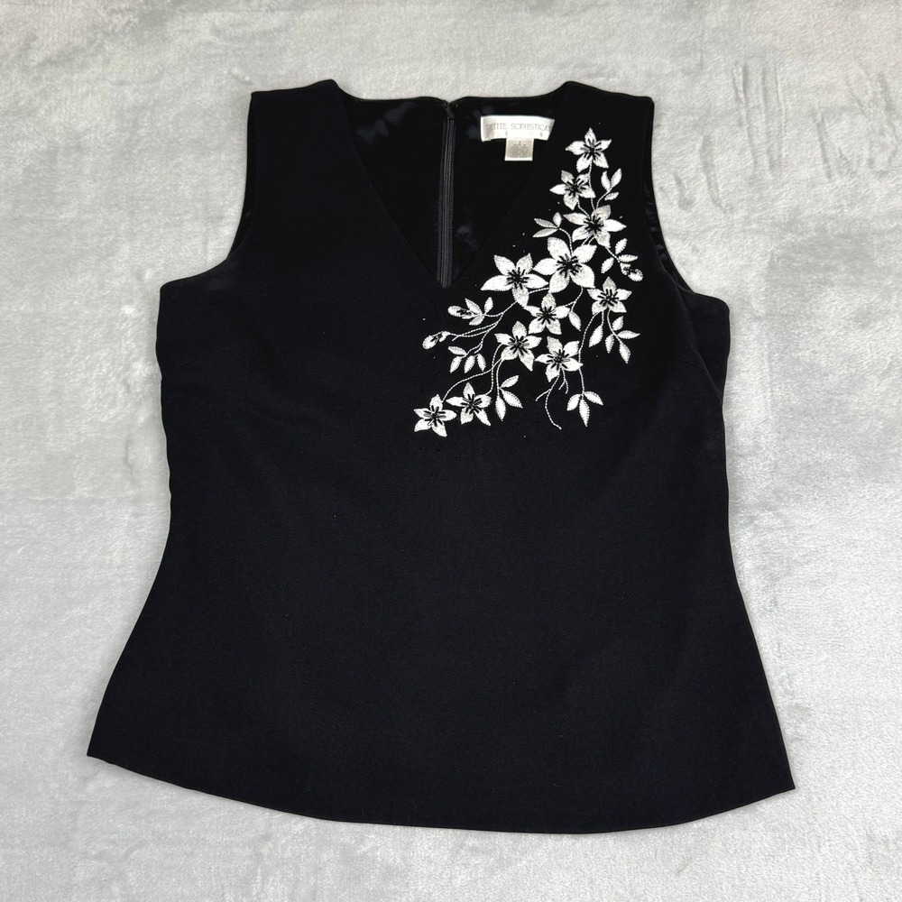 Vintage Y2K Black Silver V-Neck Sleeveless Floral Beaded Top 2P Whimsigoth Fairy